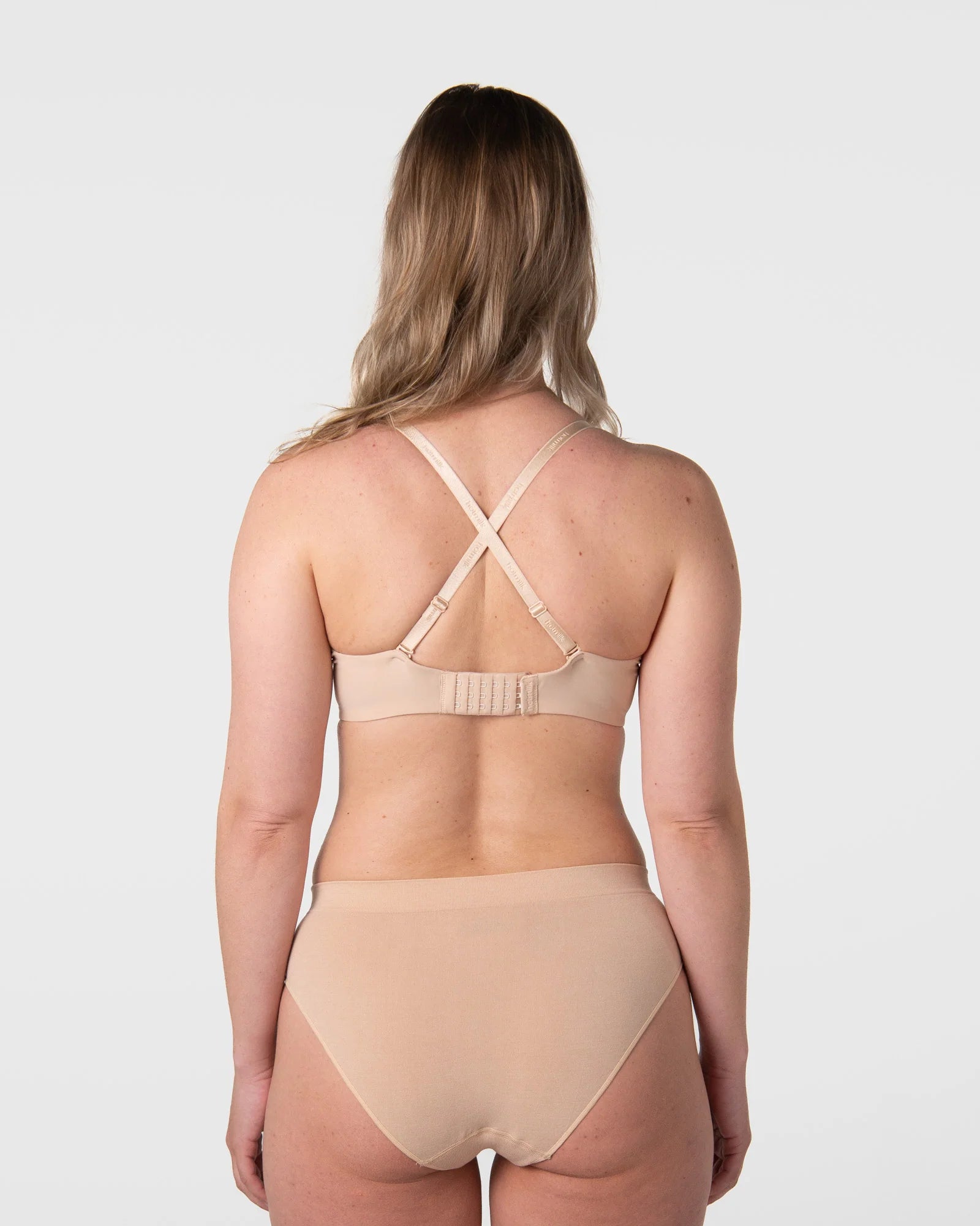 Forever New beige nursing bra back view with crisscross straps