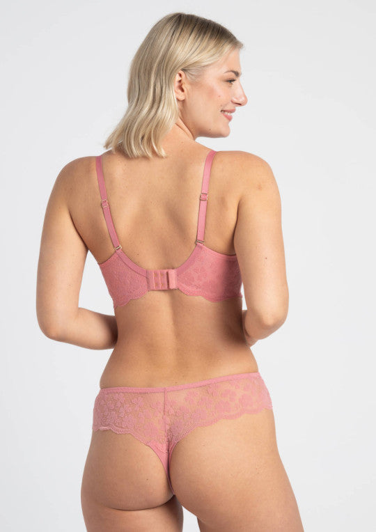 Pink lace bra and matching thong set in rose bra featuring delicate floral lace for elegant lingerie wear