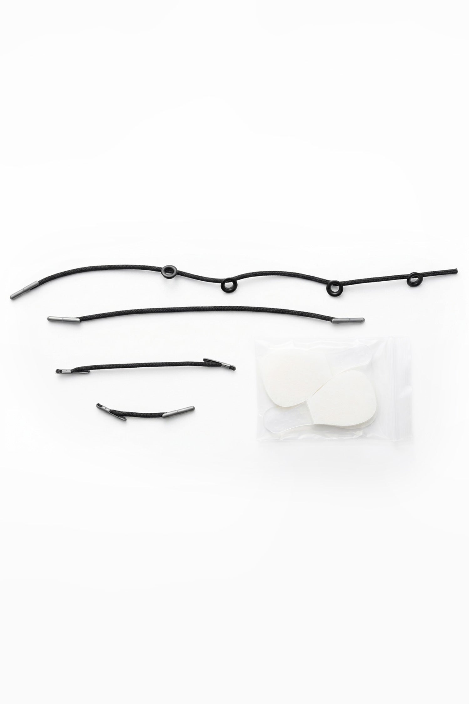 Black elastic shoe laces with silver metal aglets and eyelet loops shown with face lift tape 40 pack packaging