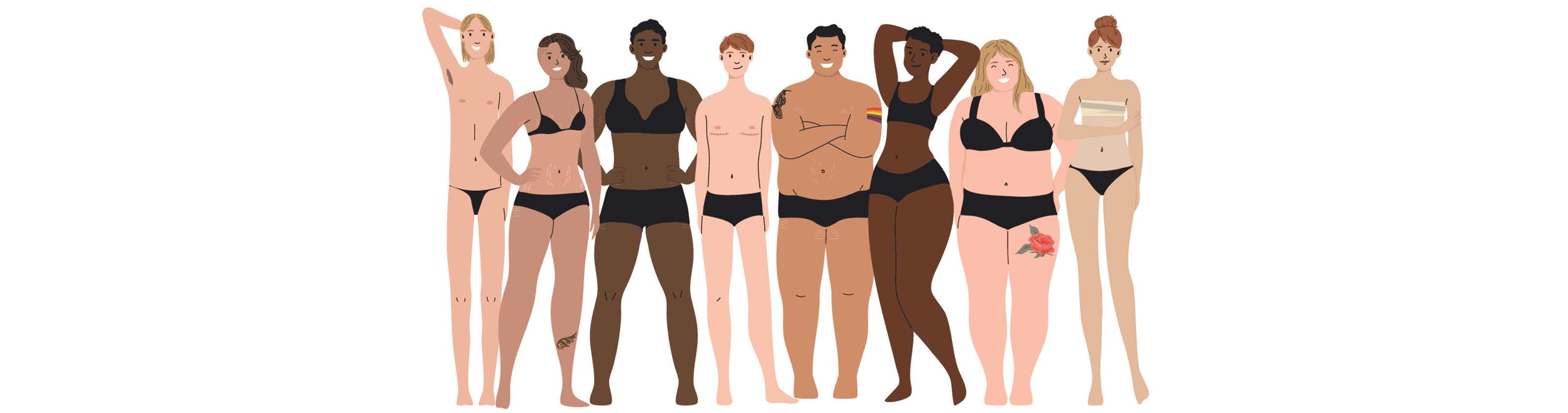 A range of people in various pieces of lingerie
