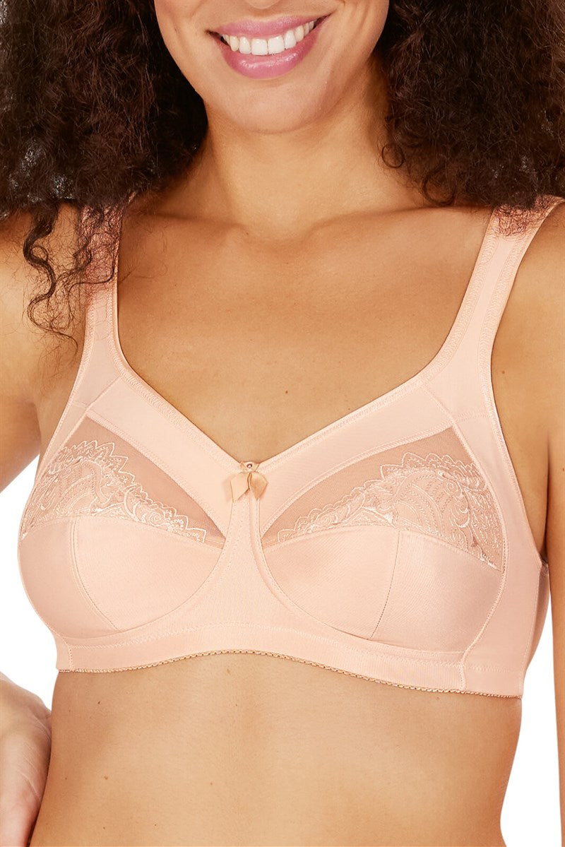 Beige lace-trimmed underwire bra with central bow accent in the Isadora non-wired bra collection