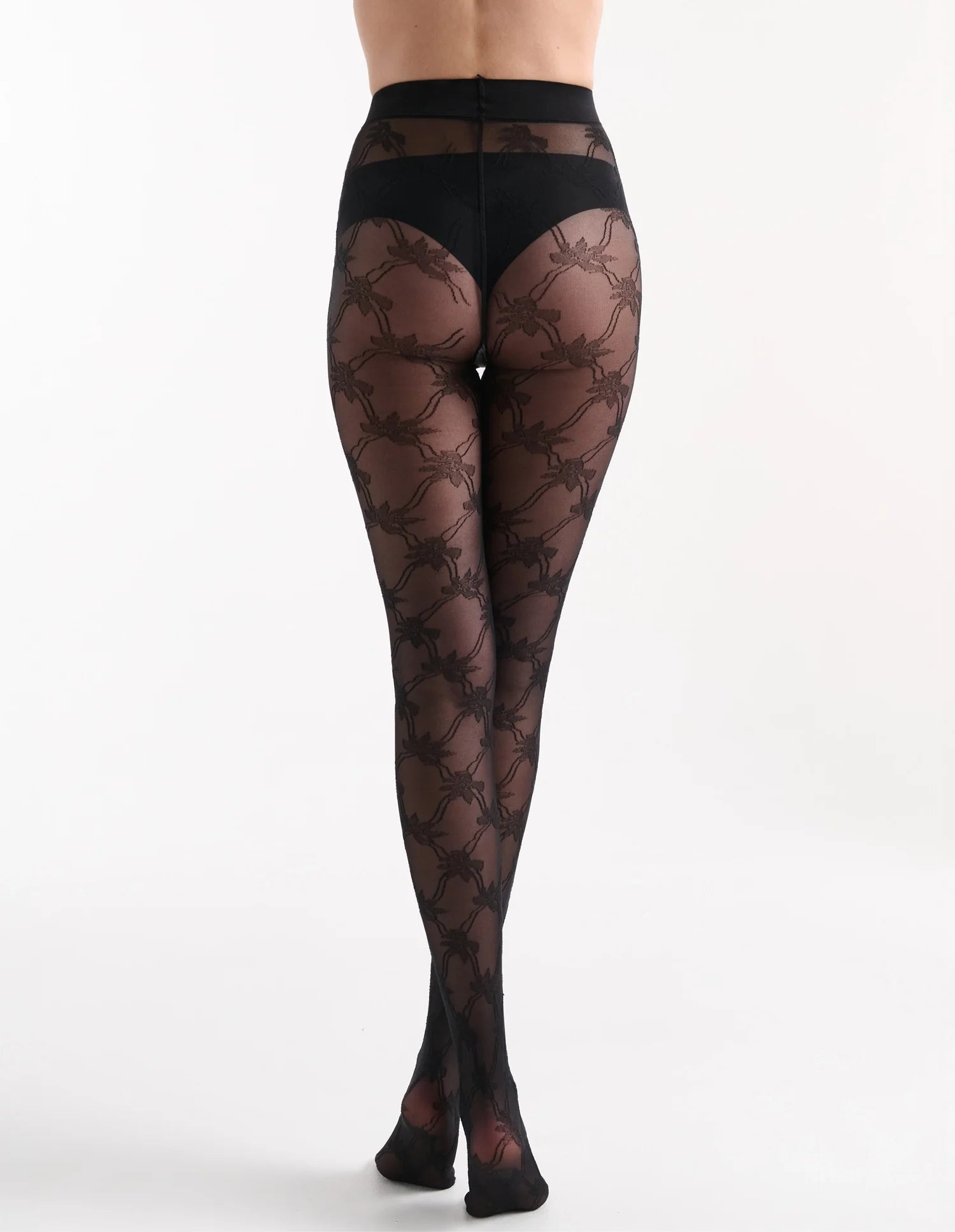 Black sheer Annalisa Floral Tight with dark brown spiderweb pattern