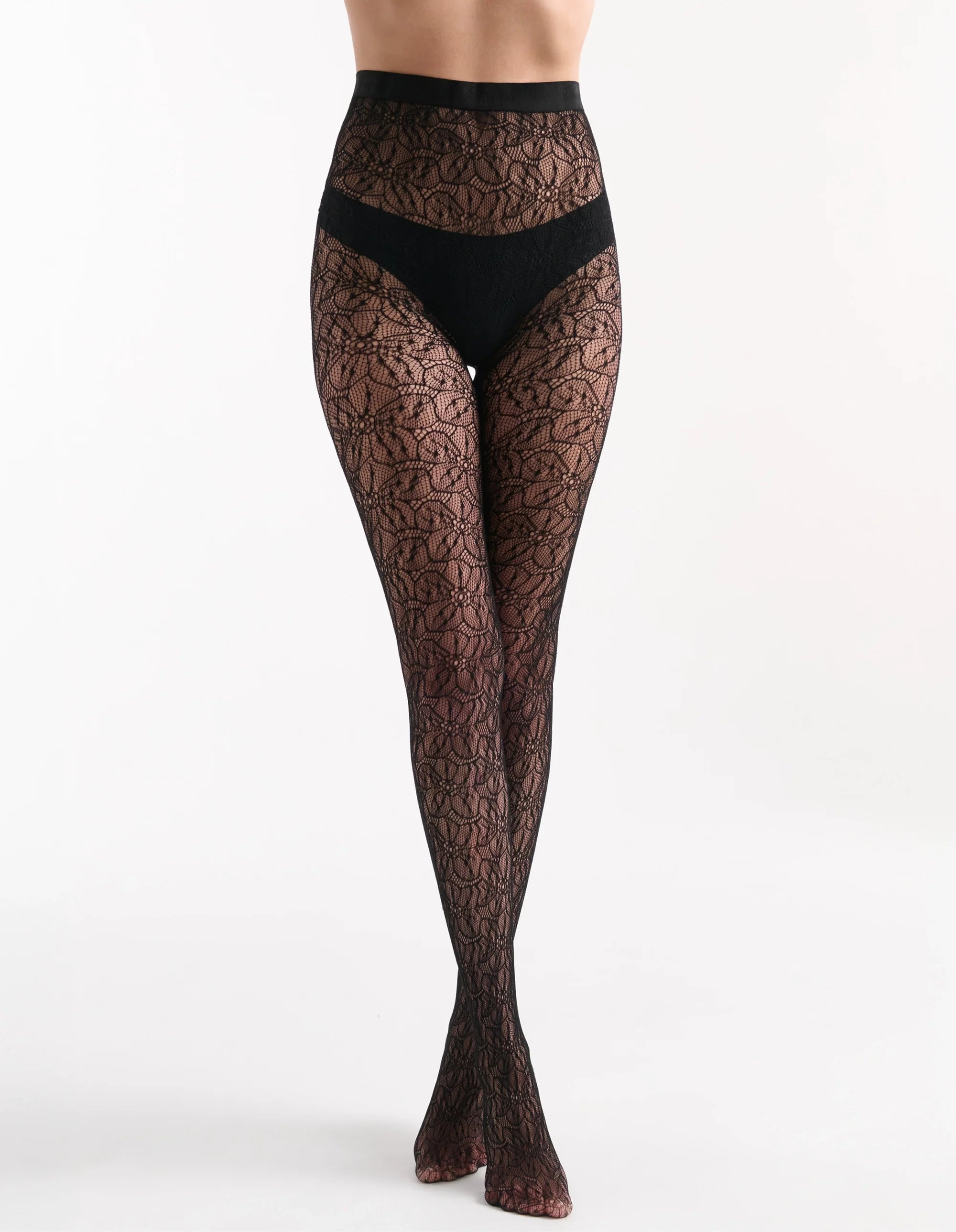 Aurora Floral Net Tights: black lace high-waisted floral pattern