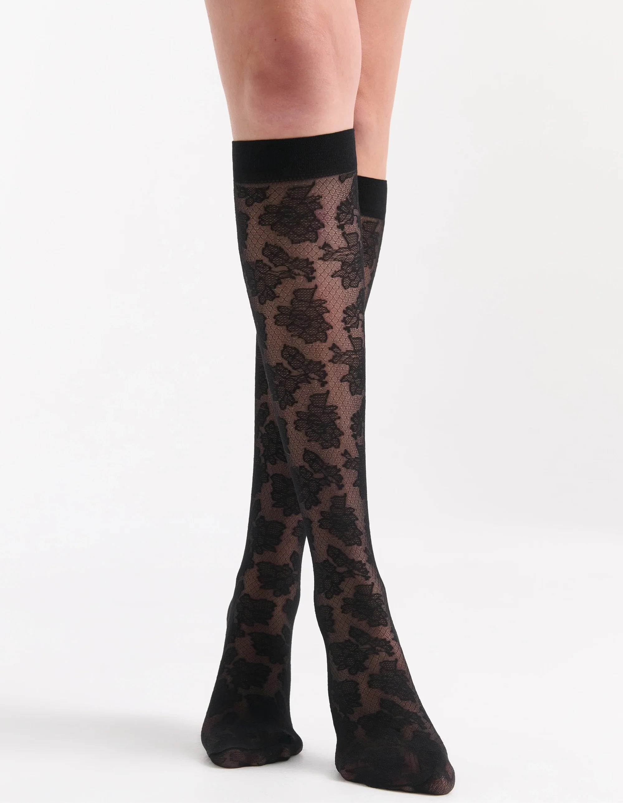 Carlina Floral Knee Highs: black floral lace with solid elastic top