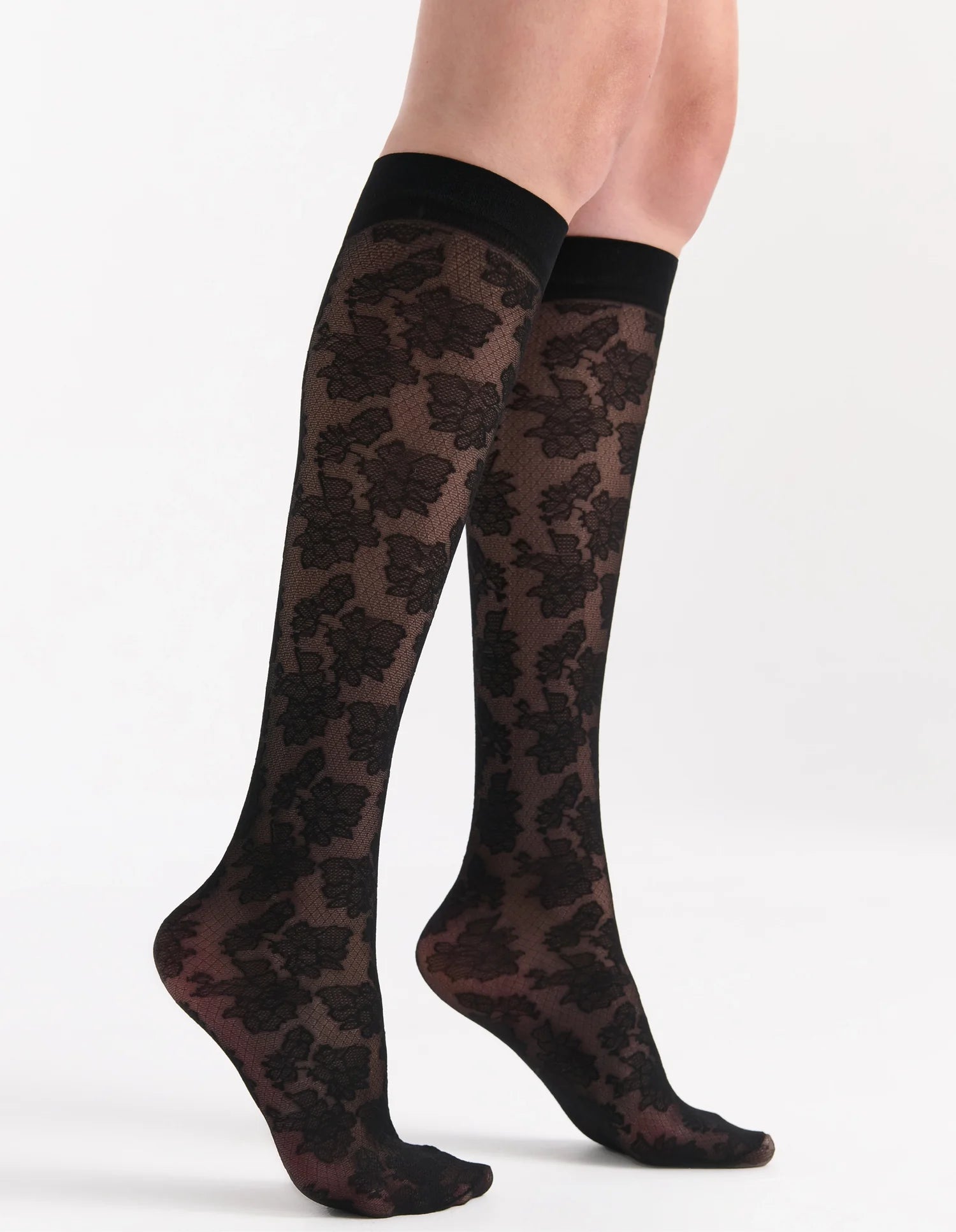 Carlina Floral Knee Highs: black floral lace with ribbed cuff