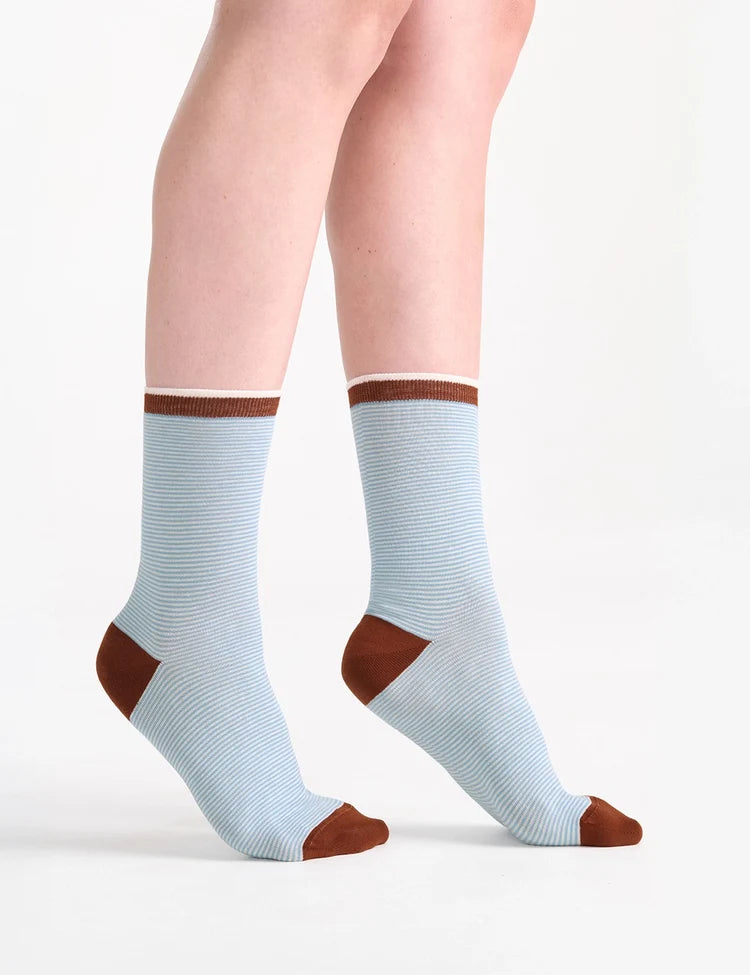 Lina fine stripe crew sock light blue ribbed cotton with brown toe heel and contrasting brown cuff