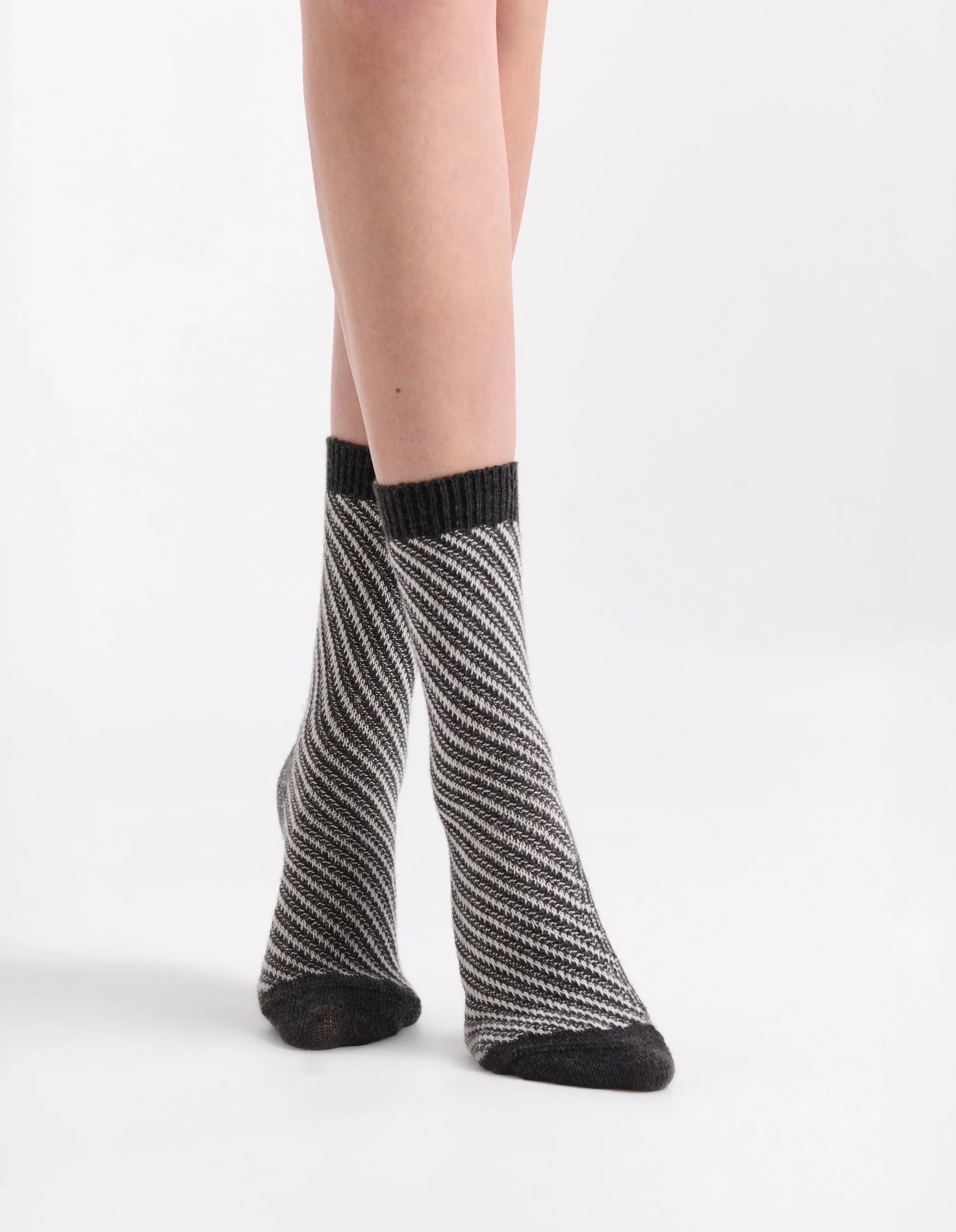 Clara Chevron Crew black gray striped ankle socks ribbed cuffs toes