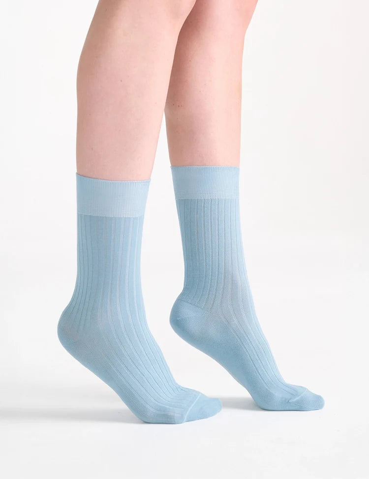 Light blue ida classic rib crew ankle socks with ribbed texture and smooth seamless finish