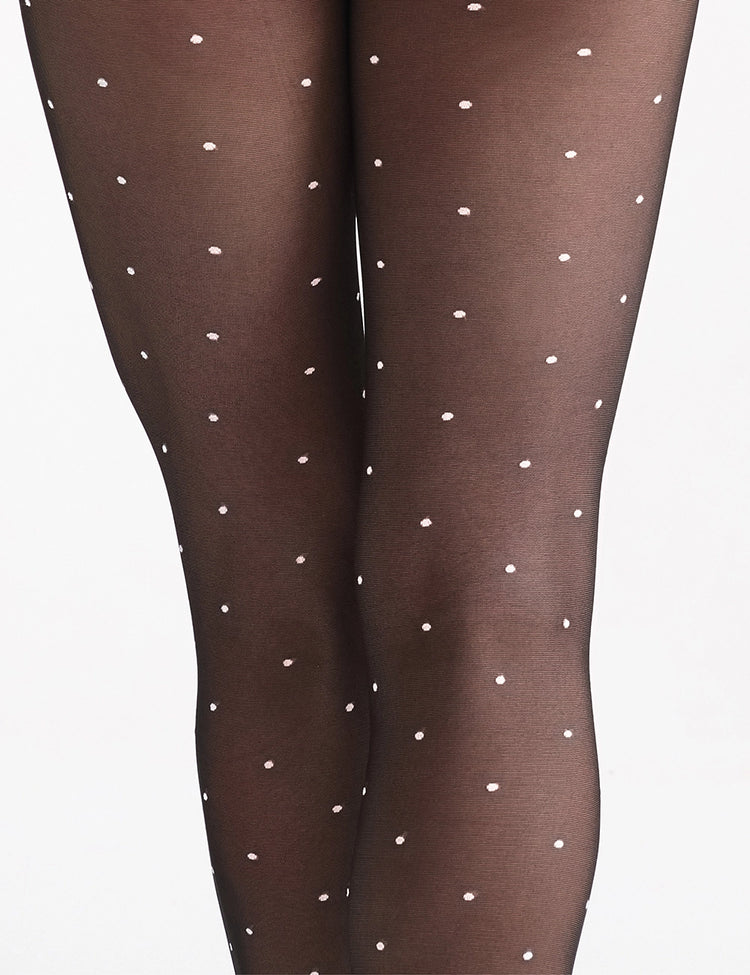 Brown sheer Simona Spot tight tights with a pattern of small white polka dots
