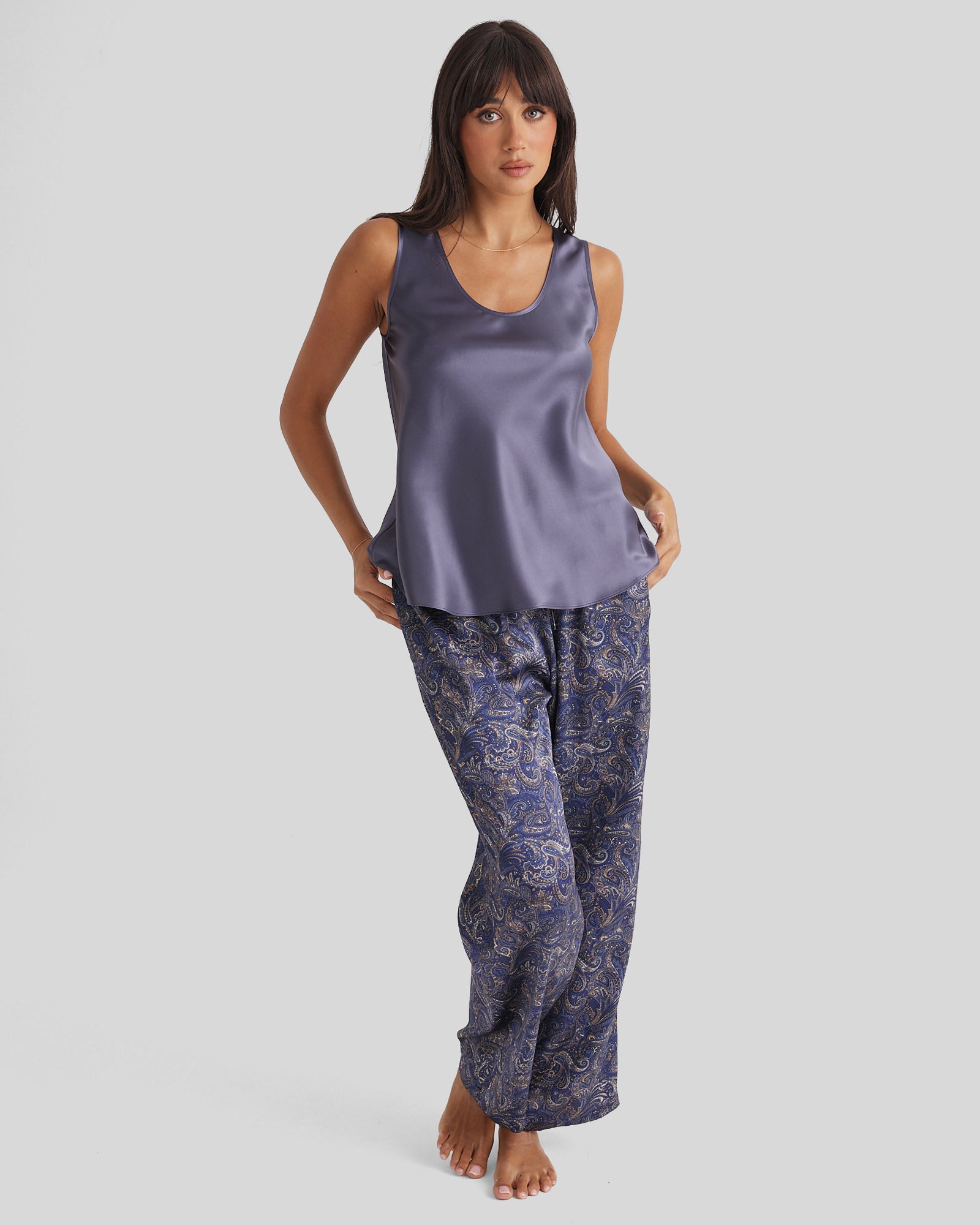 Lavender satin top with relaxed fit and sheen, pairs with Blue Paisley Silk Pyjama Pant