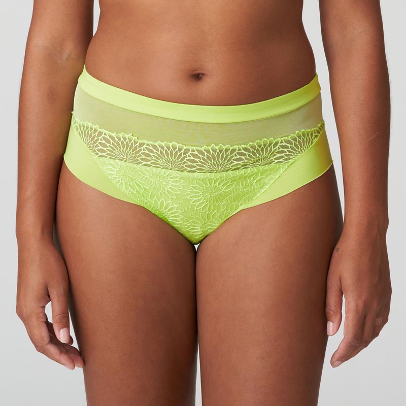 Sophora full brief lime green high-waisted briefs with sheer mesh and floral lace detailing front view