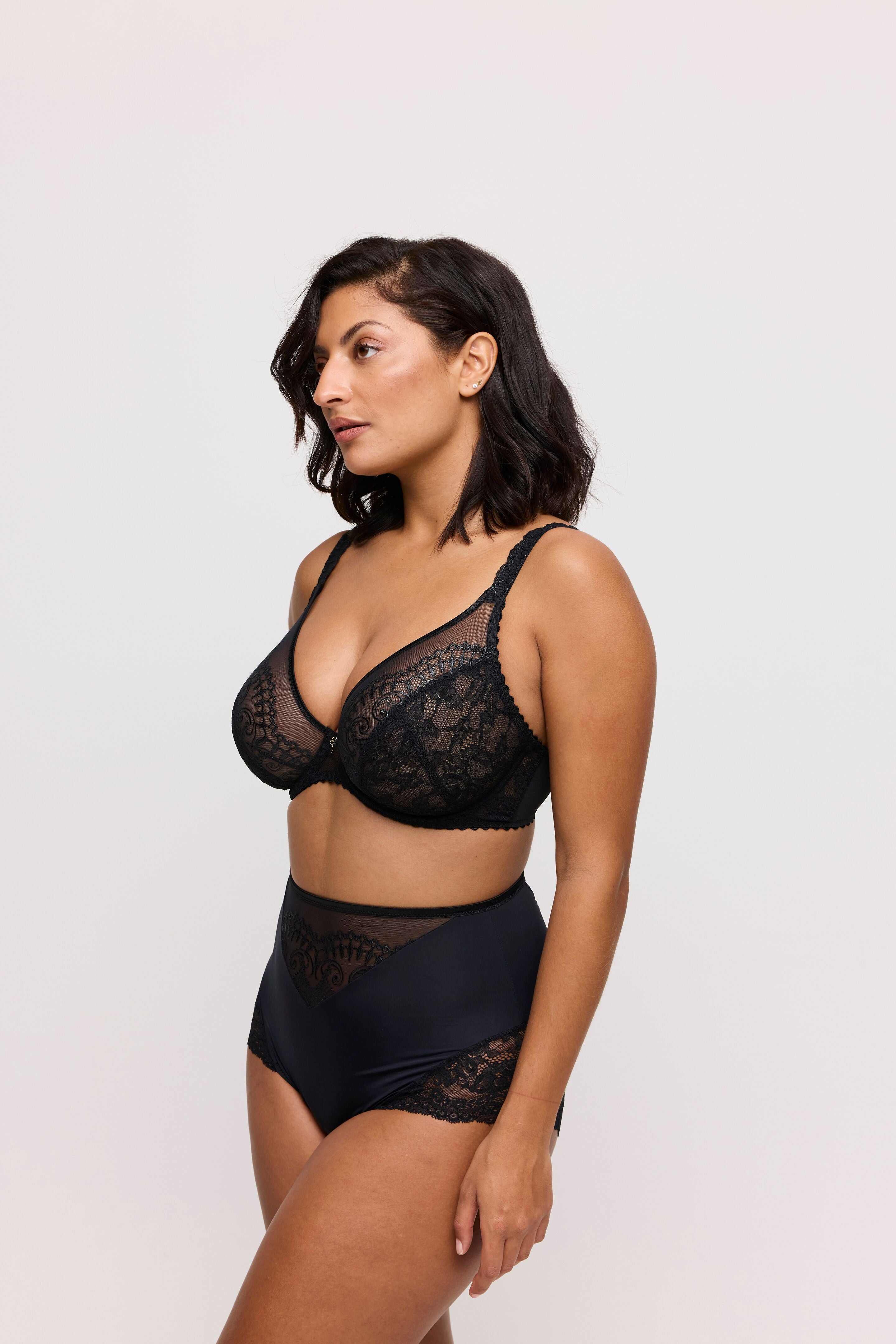 Shimla Plunge black lace bra with floral patterns and matching briefs
