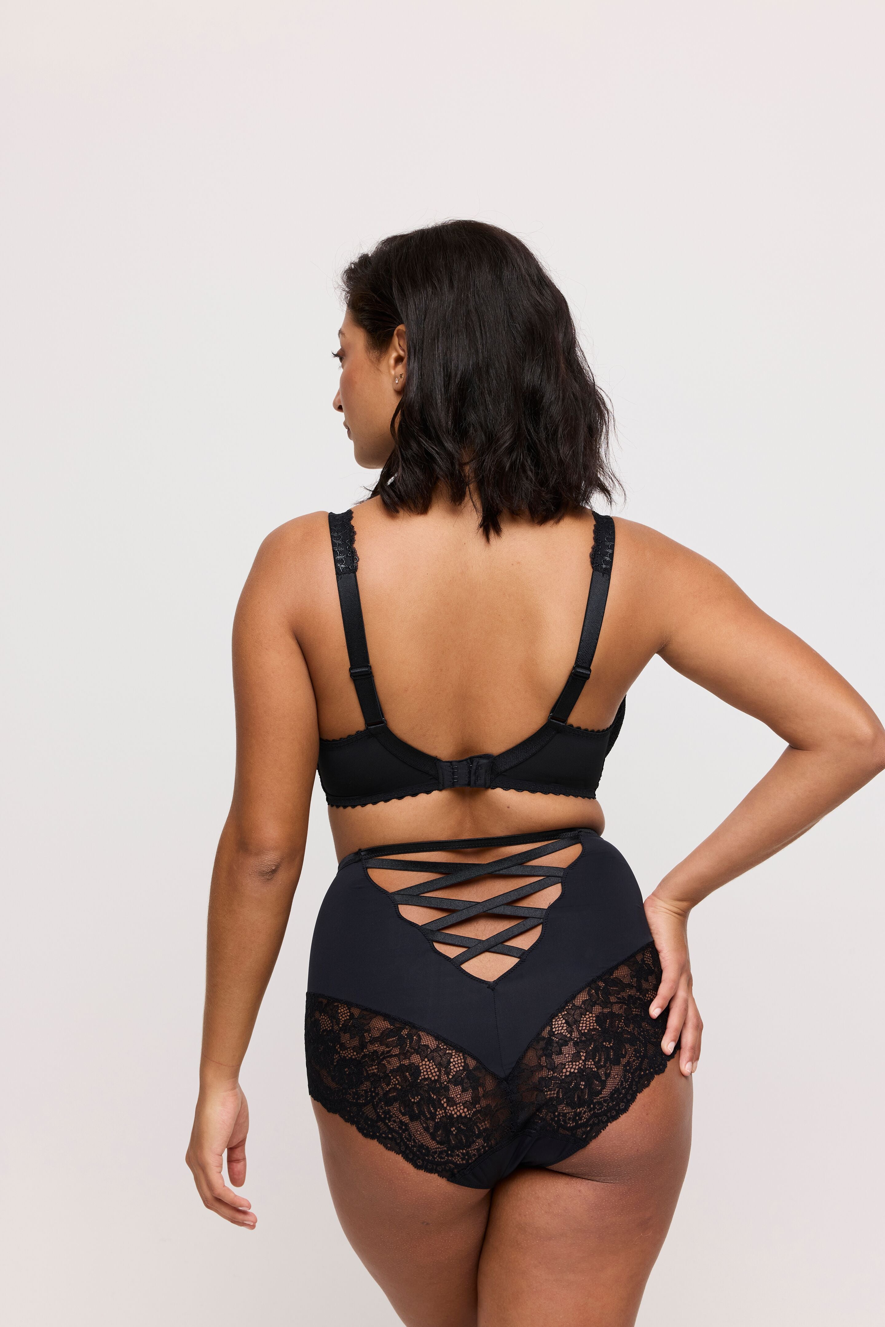 Black lace high-waisted Shimla Plunge Bra underwear with crisscross straps