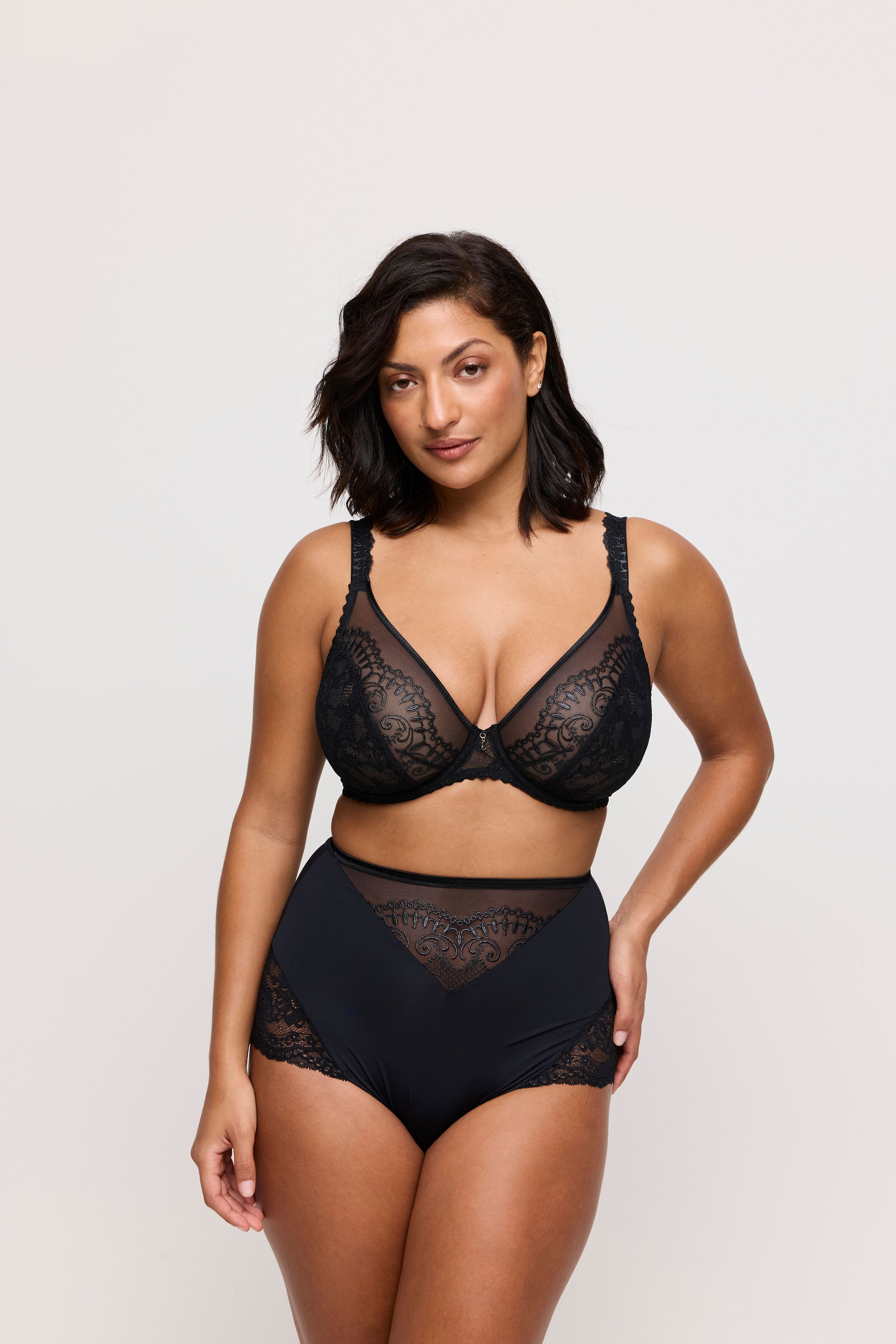 Black lace Shimla Plunge Bra with matching high-waisted briefs
