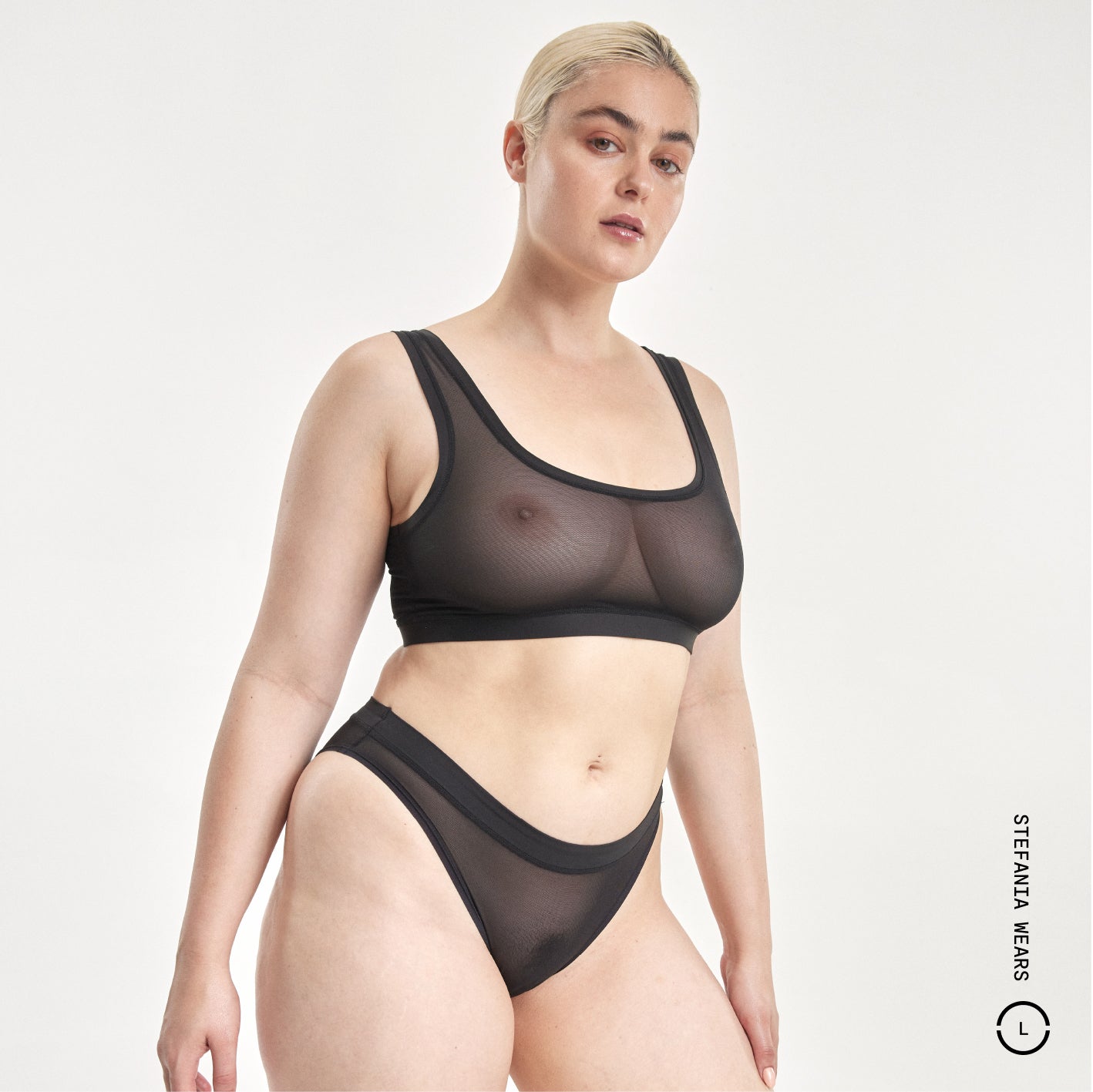 Black sheer mesh two-piece lingerie set with trim and straps in Everybody Scoop Crop