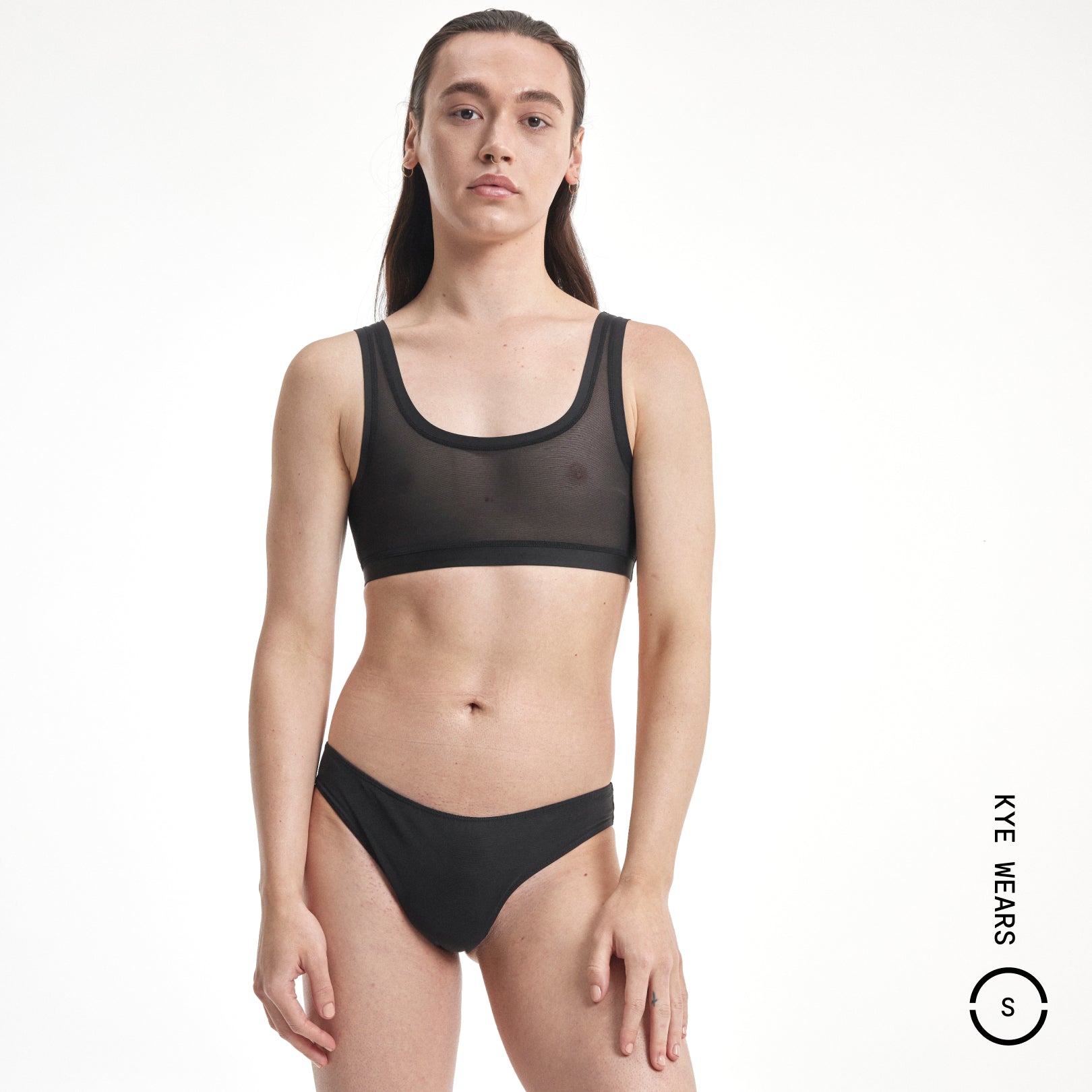 Black sheer mesh bra with trim and matching high-waisted briefs from Everybody Tuck Gee