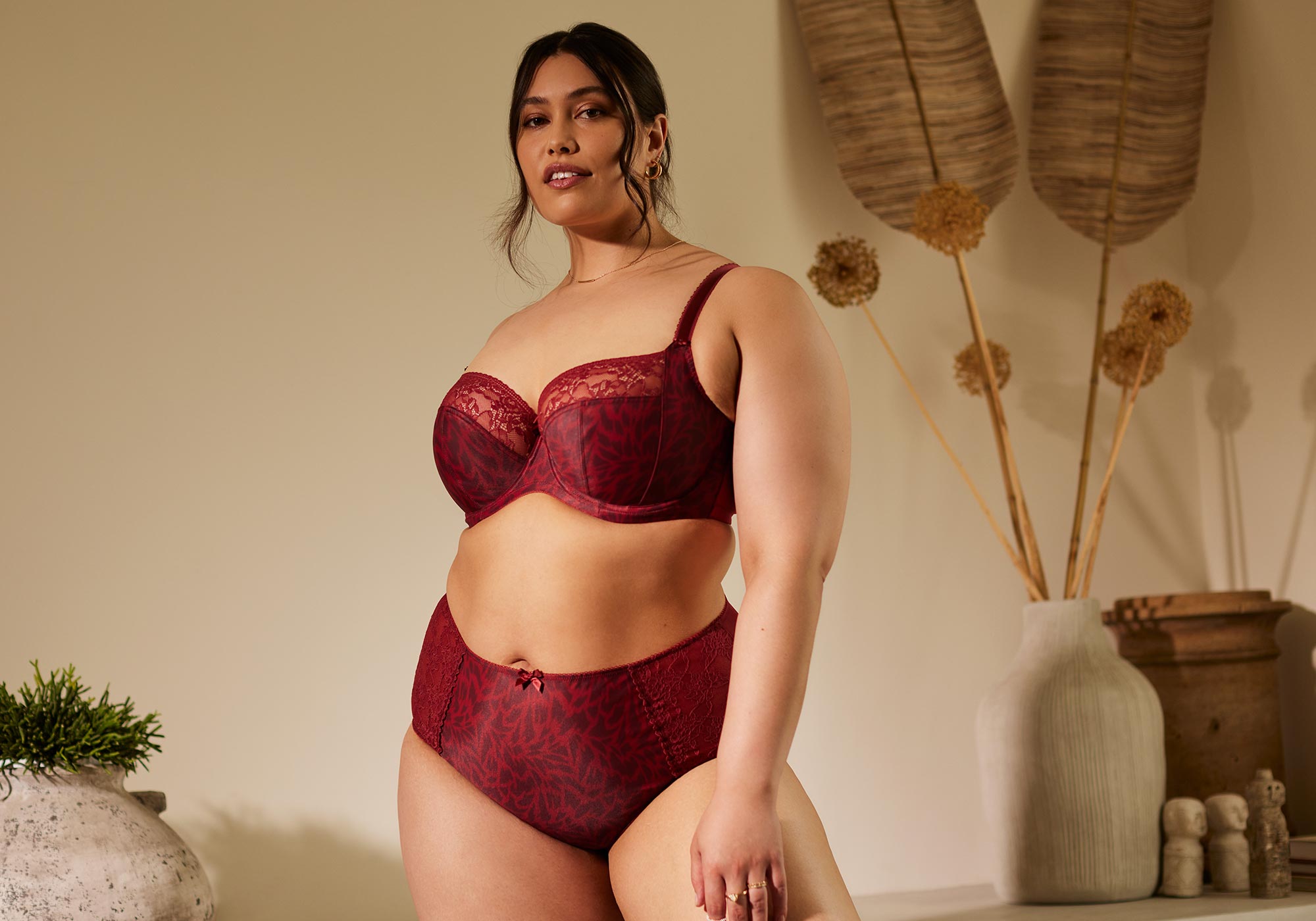 Plus size woman in red lingerie