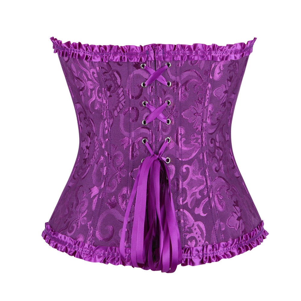 Victorian corset in vibrant purple satin with intricate floral pattern lace-up detailing and ruffled trim