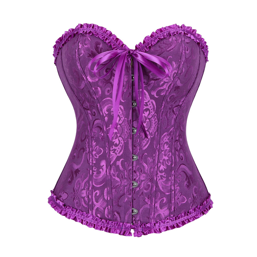 Victorian corset purple lace with ruffled trim and satin bow front for elegant vintage-inspired wear