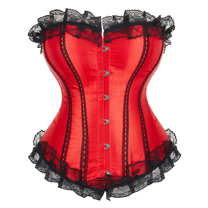 Red satin burlesque tutu corset with black lace trim and silver buttons for an elegant vintage look