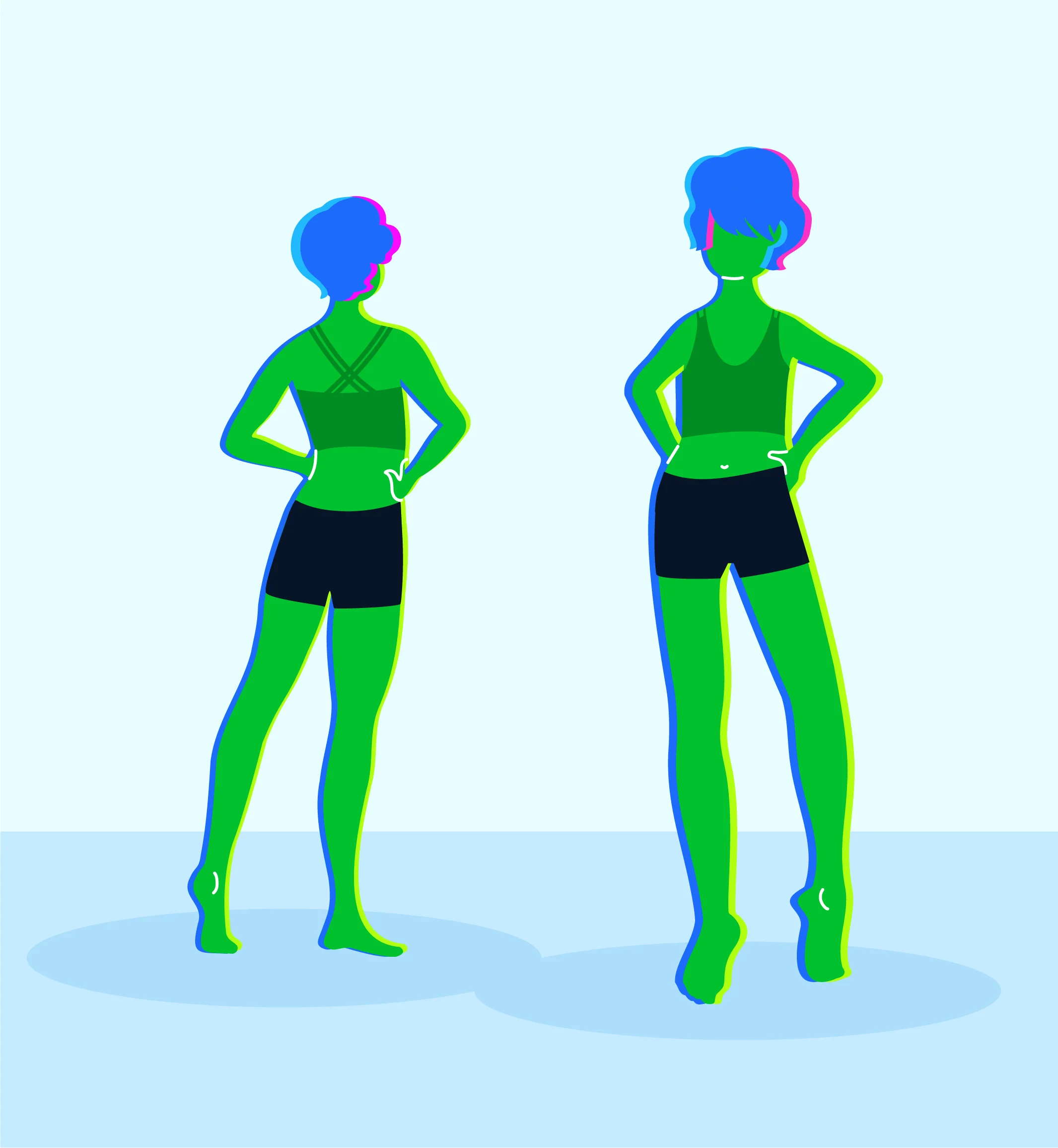 Two green-skinned figures with blue hair in Serena No-Tuck Shorty outfits