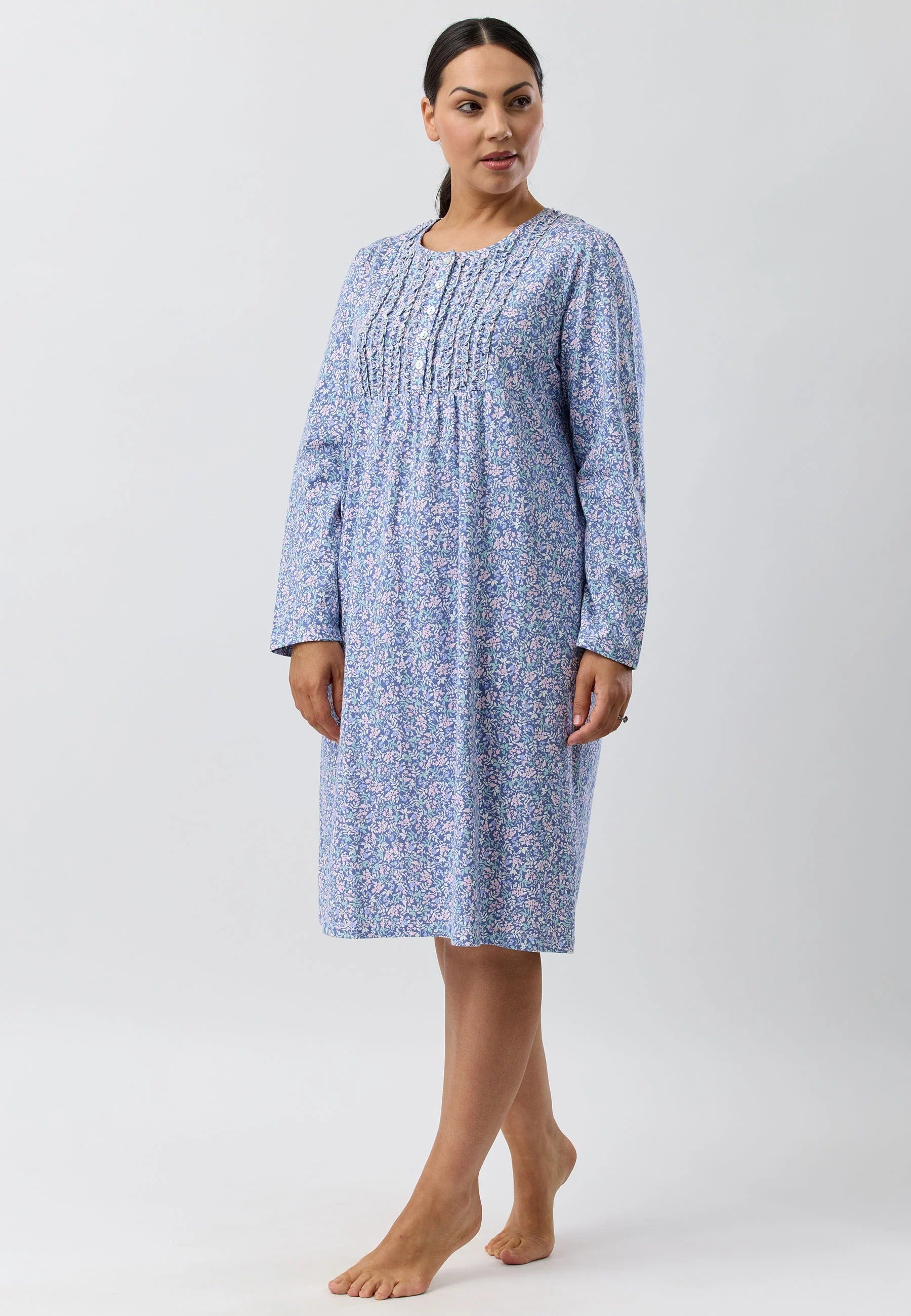 Flowerette Ruffle Nightie: soft blue floral print gown with long sleeves