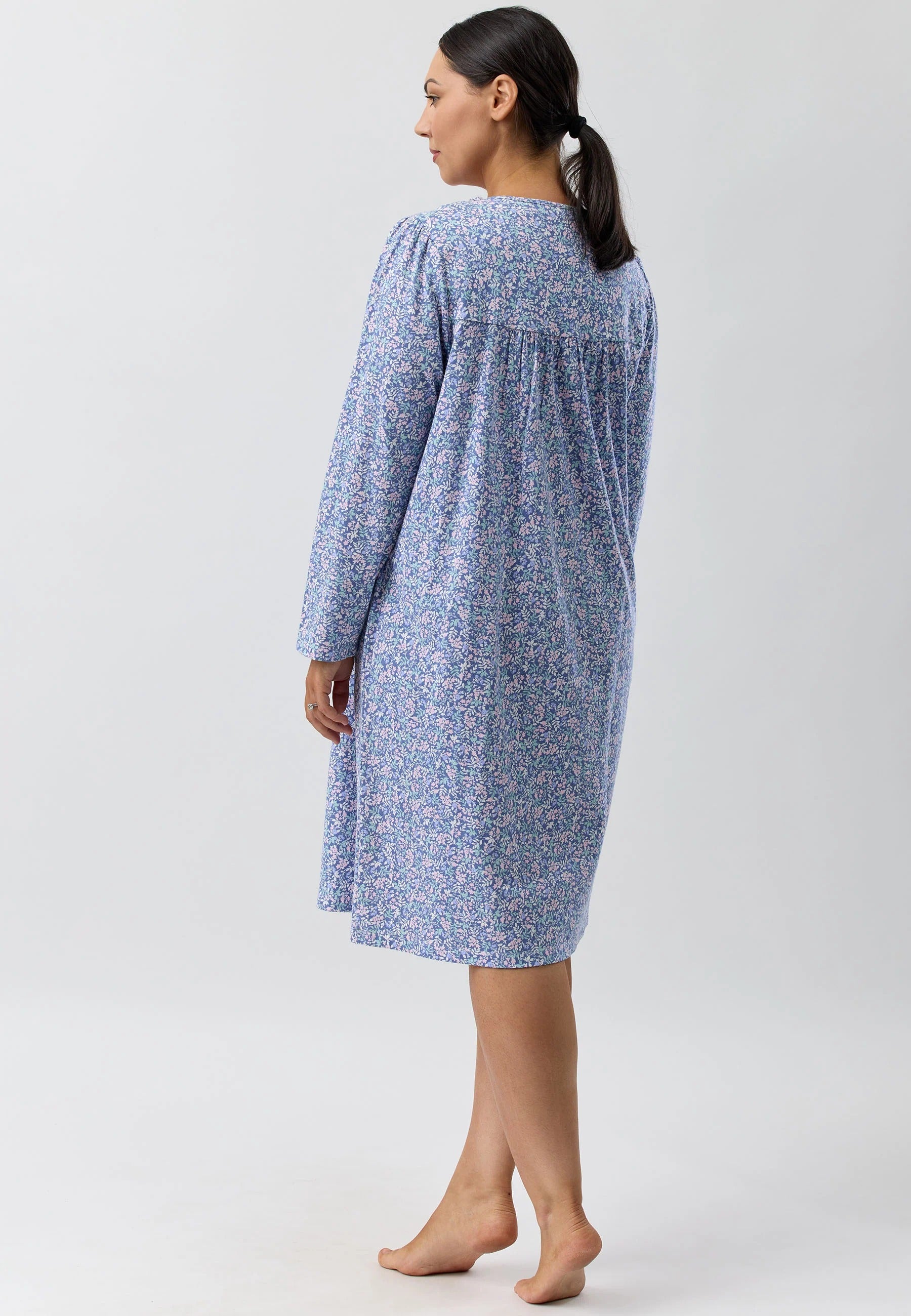 Flowerette Ruffle Nightie: soft blue white floral long-sleeve gown
