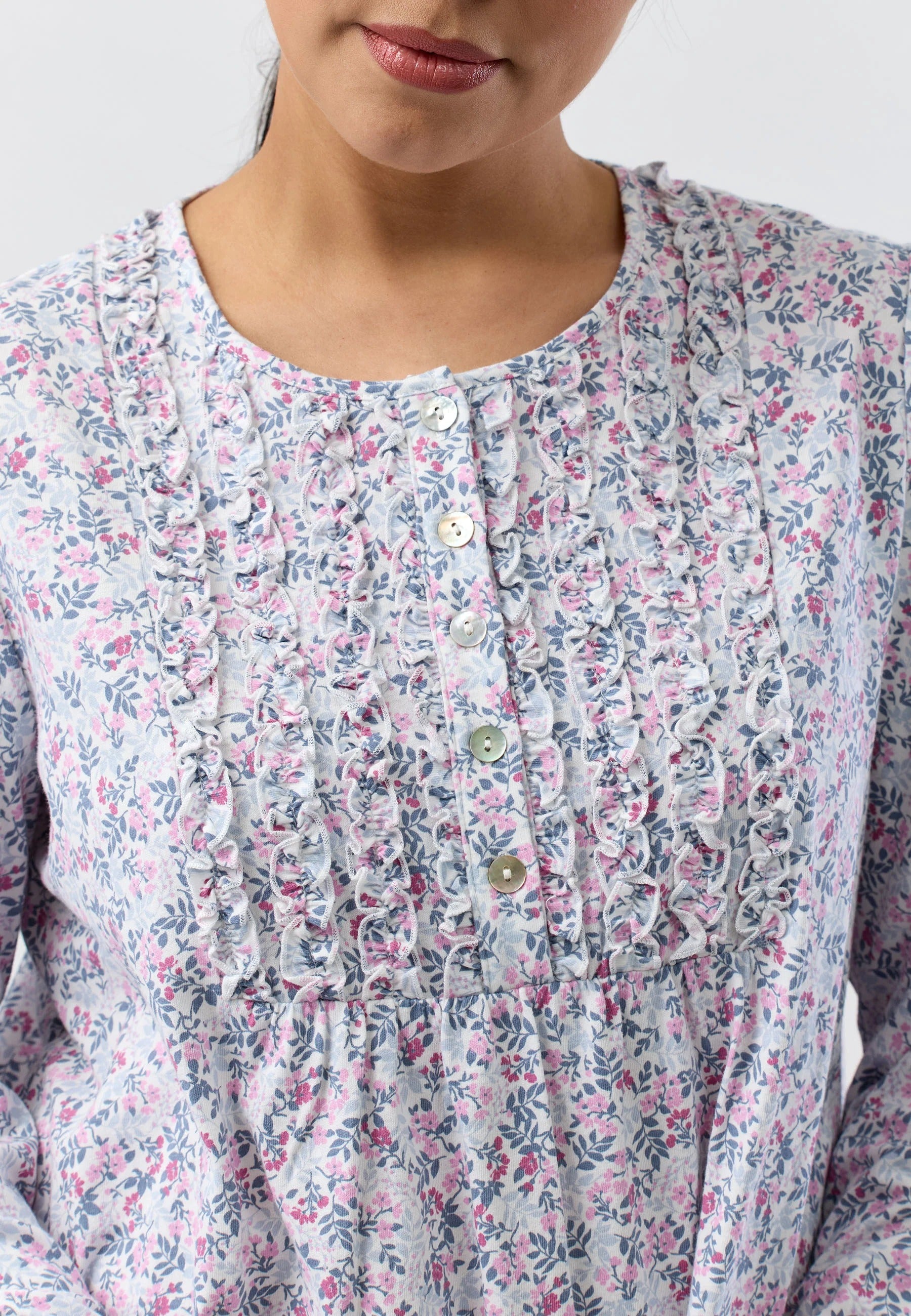 Flowerette Ruffle Nightie in soft blue pink floral print with ruffles