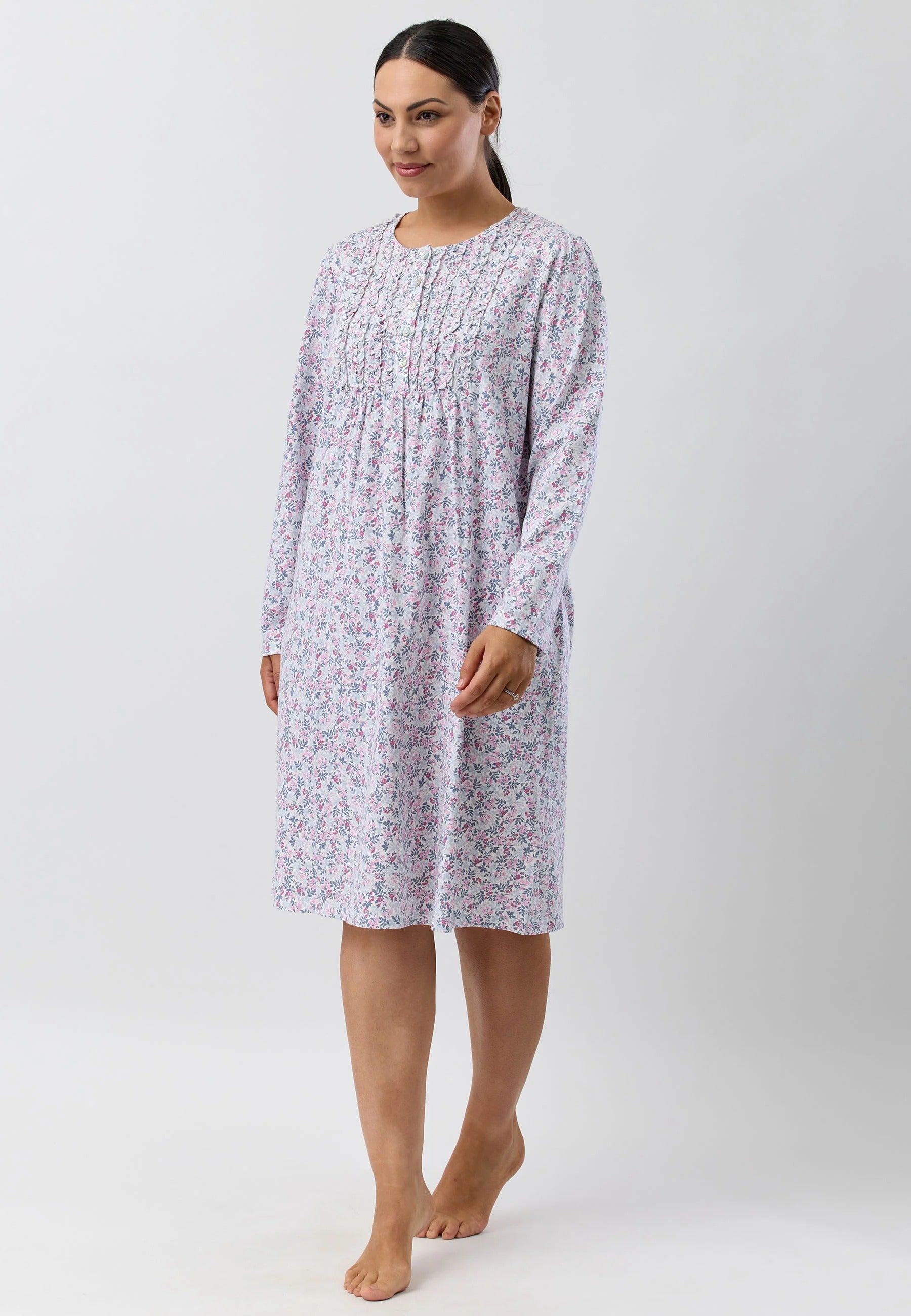 Flowerette Ruffle Nightie: soft lavender floral print long-sleeve nightgown