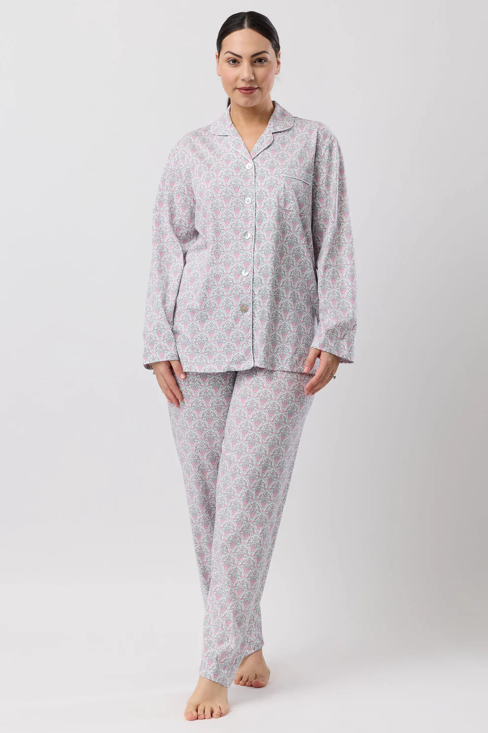 Oriental PJ Set: soft gray pajamas with muted pink green floral pattern