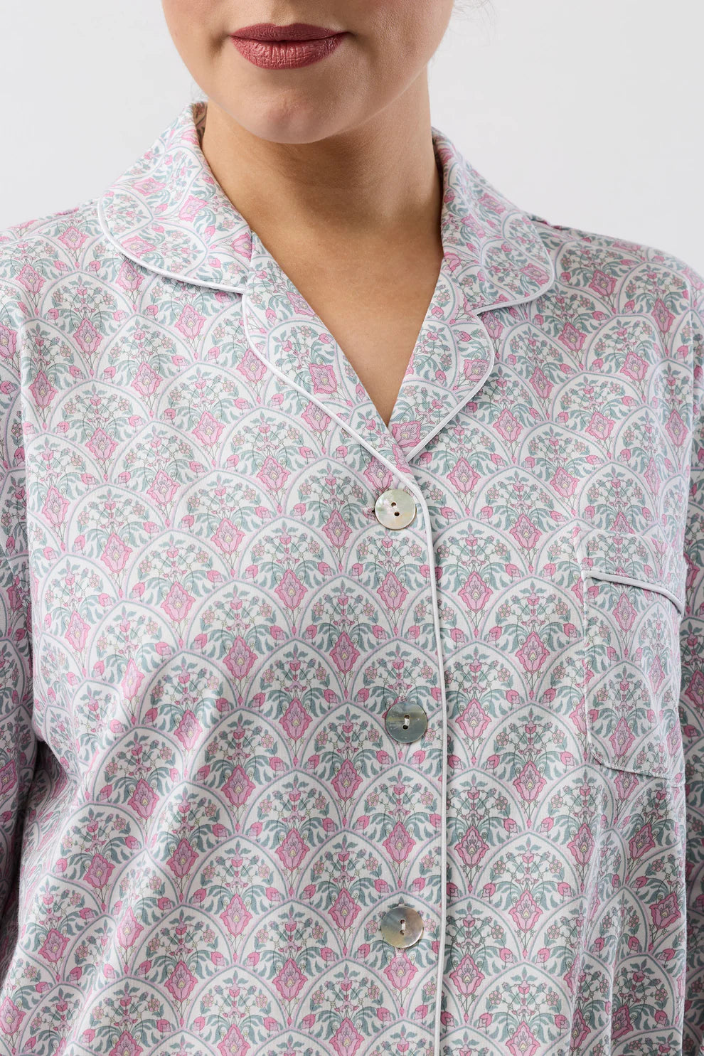 Oriental PJ Set soft light gray pajama top with pink green floral pattern