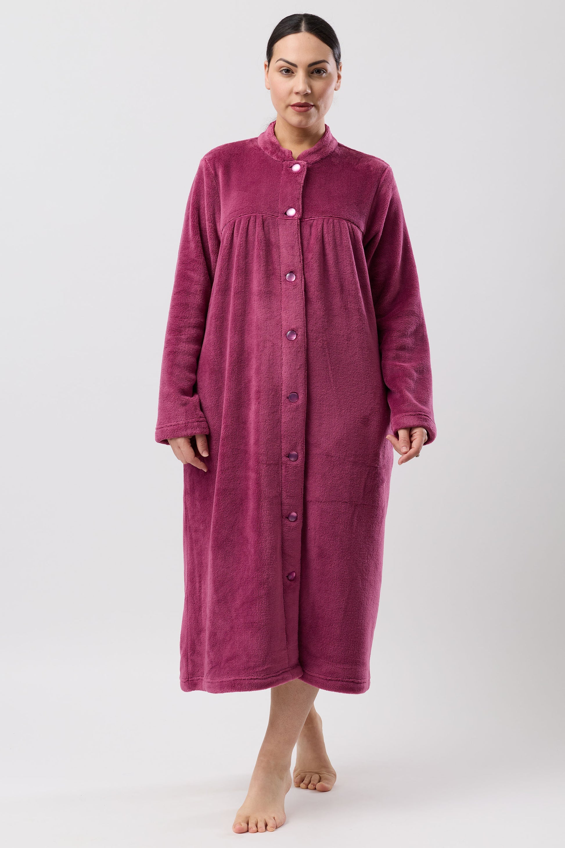 Button Gown Mid plush deep magenta velour sleep robe with embossed pattern