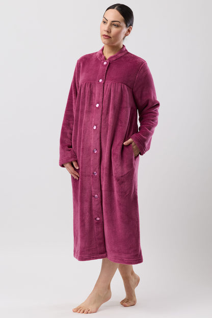 Button Gown Mid plush deep magenta long-sleeved nightgown with pockets
