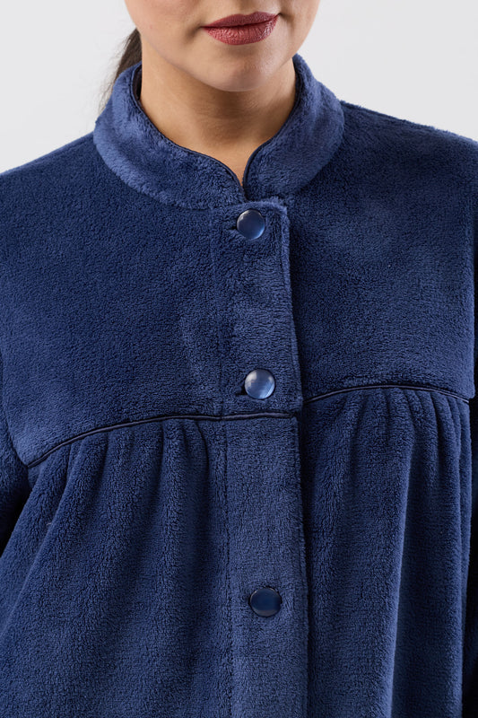 Navy blue plush Button Gown Mid pajama top with stand-up collar and buttons