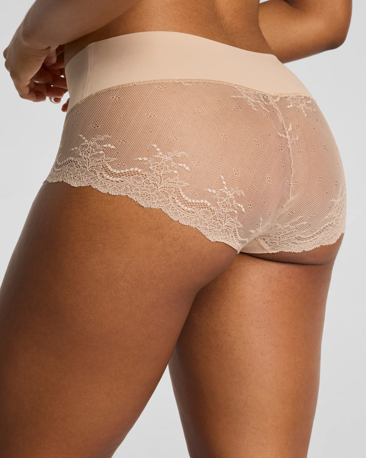 Lace Hi-Hipster beige lace-trimmed high-waisted underwear with sheer mesh