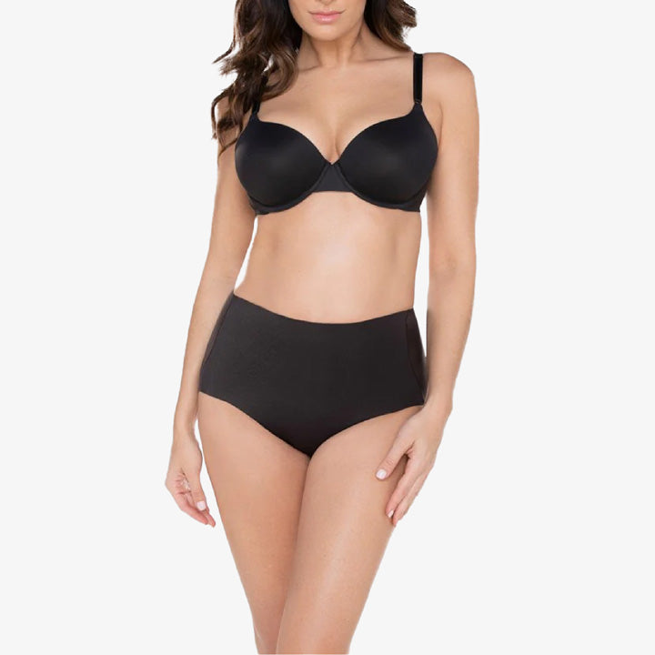 Black shaping brief and bra set on a model against a white background