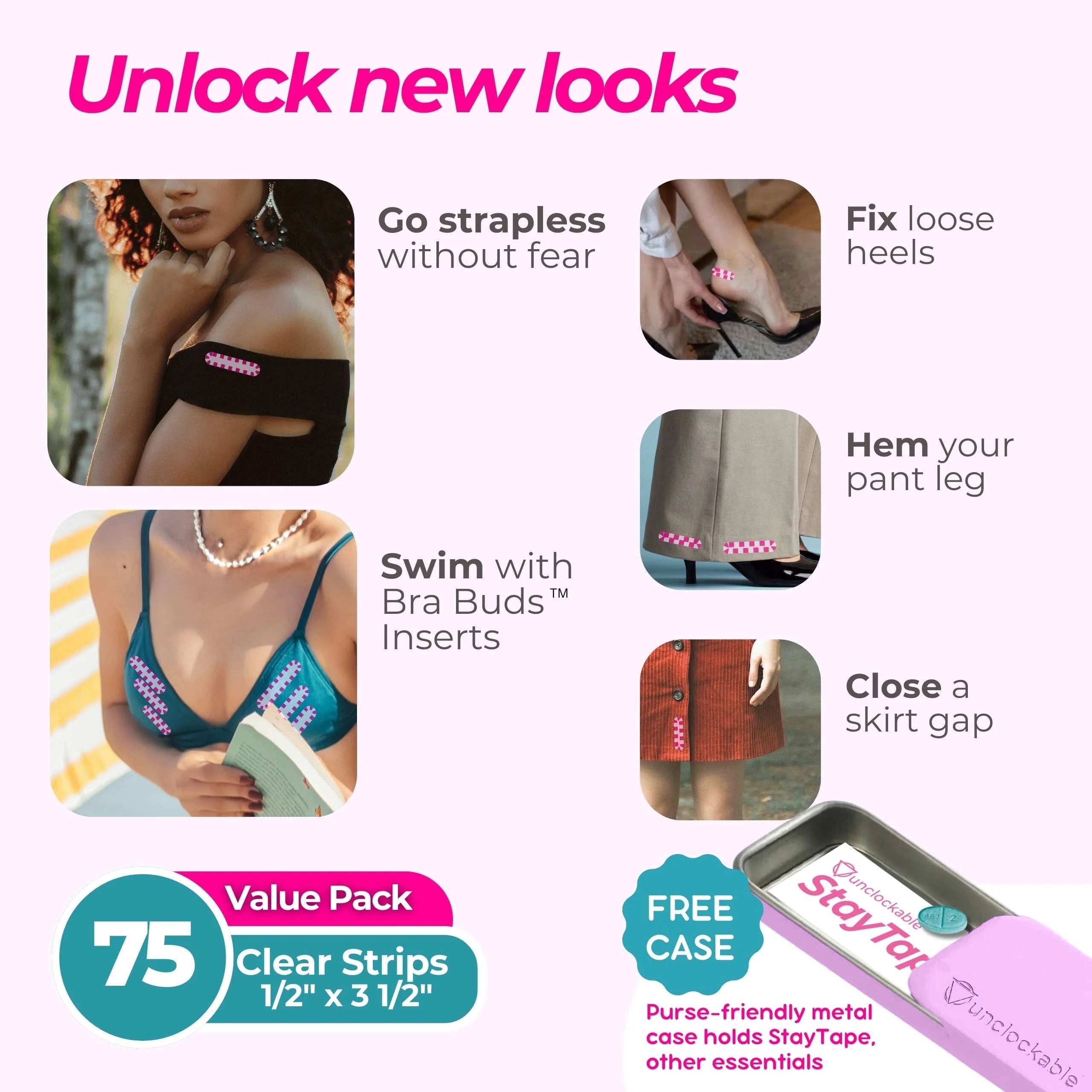 StayTape pink and clear body clothing tape for securing outfits