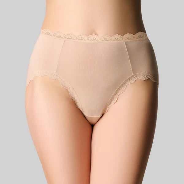 Beige bamboo lace-trimmed high-waisted underwear in bamboo lights hi cut brief with delicate lace detail