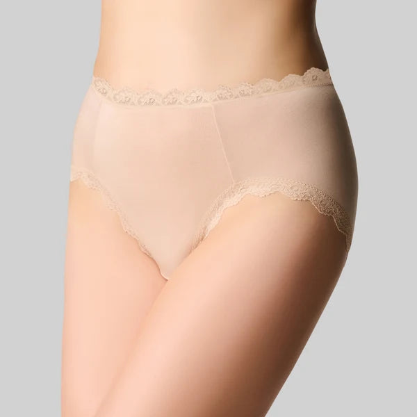 Beige lace-trimmed sheer high-waisted bamboo lights hi cut brief underwear with delicate lace detailing