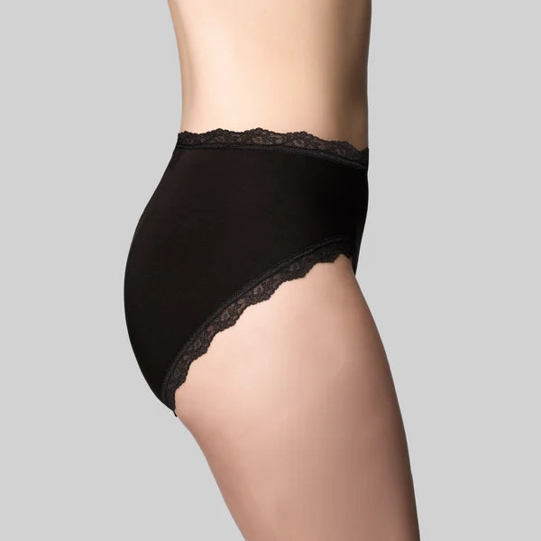 Black bamboo lights hi cut briefs with high waist and delicate lace trim on waistband and leg openings