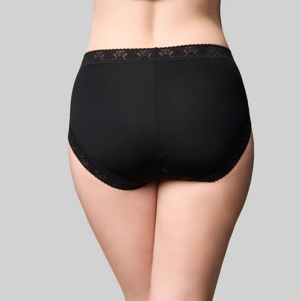 Black cotton and lace hi cut briefs with lace trim and smooth form fitting fabric shown from the back side