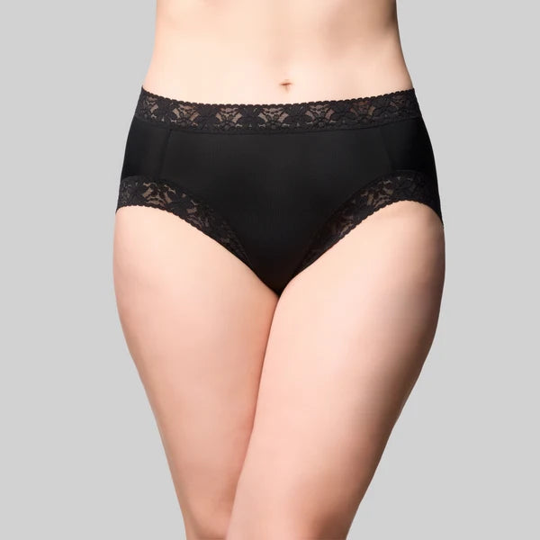 Black high-waisted cotton and lace hi cut brief with delicate lace trim at waistband and leg openings
