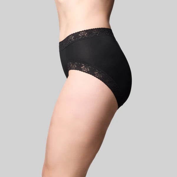Black lace-trimmed high-waisted cotton and lace hi cut brief underwear shown from the back side