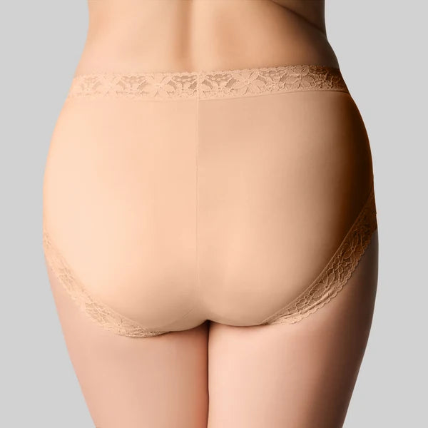 Beige cotton and lace hi cut brief with seamless design and lace trim for comfortable everyday wear