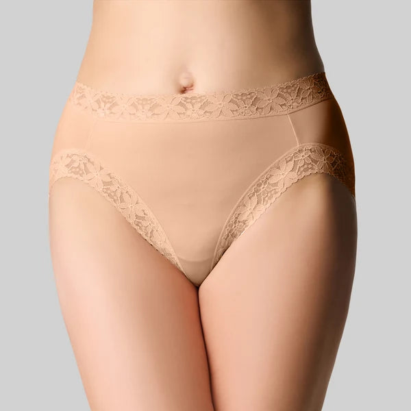 Beige cotton and lace hi cut brief with lace trim high waisted underwear front view