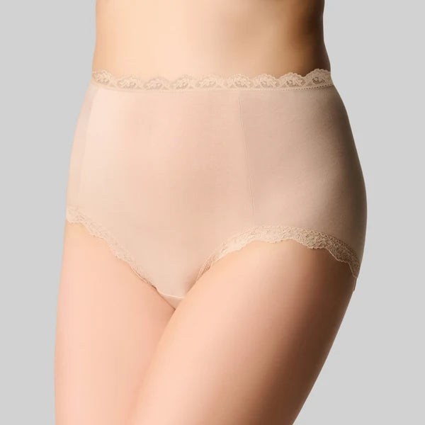 Beige bamboo full briefs high waisted with delicate lace trim on waistband and leg openings