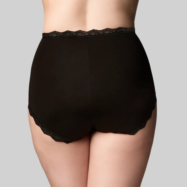 Black high-waisted bamboo briefs with delicate lace trim on waistband and leg openings for comfortable daily wear
