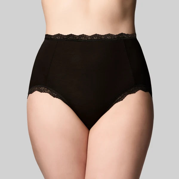 Black bamboo lights full brief high-waisted underwear with delicate lace trim on waistband and leg openings
