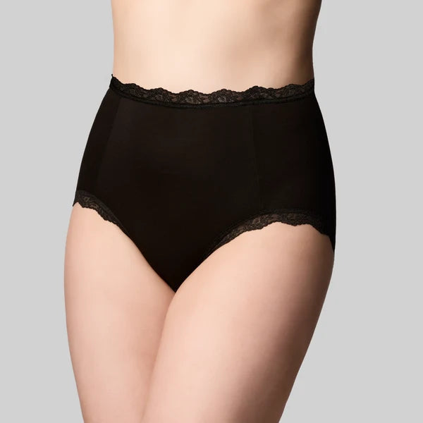 Black bamboo lights full brief high-waisted underwear with delicate lace trim on waistband and leg openings