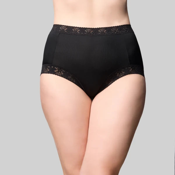 Black cotton and lace full brief high-waisted underwear with delicate lace trim at waistband and leg openings